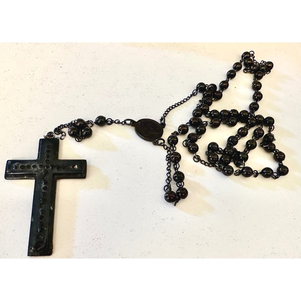 Black Oversized Rosary Necklace Gothic Large Crucifix Cross Pendant Beads Long
